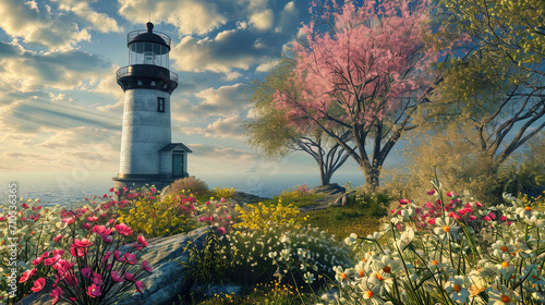The lighthouse is framed by bright spring flowers, emphasizing its beauty against the background o