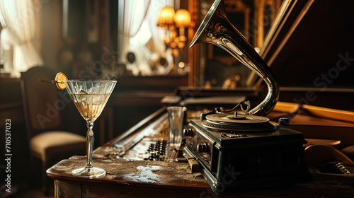 Vintage gramophone and glass glasses with cocktails on an old piano dust