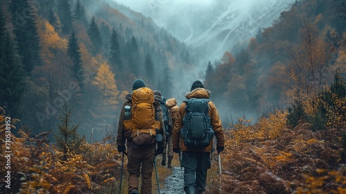 four friends hiking in the mountains, in the style of human-canvas integration, photo-realistic landscapes, studyblr, southern countryside, passage, warmcore, villagecore