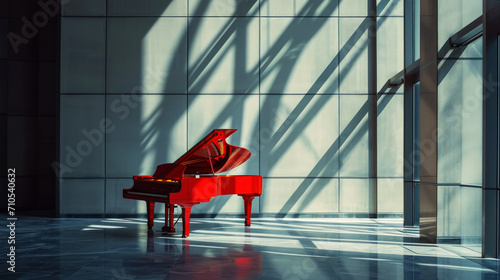 Classic grand red piano in aesthetic minimalist style room interior full of light. Musical concept. Generative AI