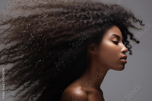Mulher afro com cabelo grande e cacheado sobre o ar 