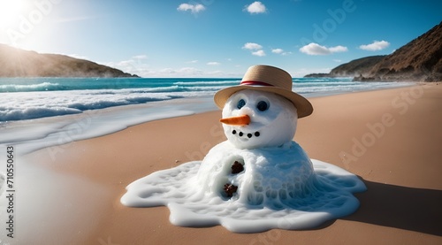 a snowman on beach beginning to melt