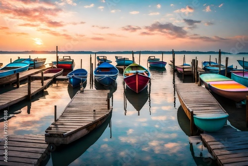 A wooden dock extending into the shimmering waters, adorned with colorful boats under a pastel sky.
