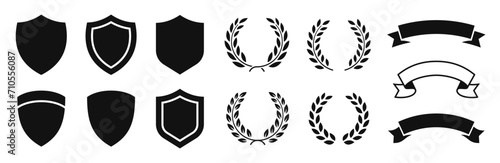 Shield, Laurel wreath, Ribbon icon set. Logo elements: ribbons, shield, laurel chaplet set. Vector
