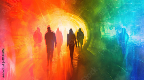 Prismatic Portal with Transparent People: A portal-like design with prismatic effects and rainbow colors, featuring transparent portraits of people within the portal, giving the illusion of a passage 