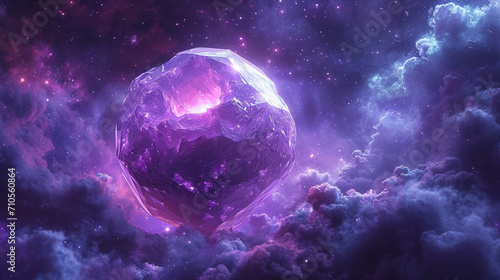 An icosahedron planet with pulsating purple LEDs in a nebula cloud.
