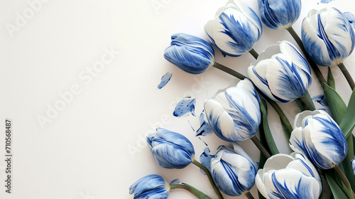 Delft Blue Tulips on White Background, Dutch-Inspired Floral Pattern, Elegant Spring Blooms, Copyspace for text, Valentine's Day