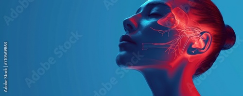 3d render illustration of female face with red inflammated nasal, ear and throat area on blue background, otolaryngology clinic concept.