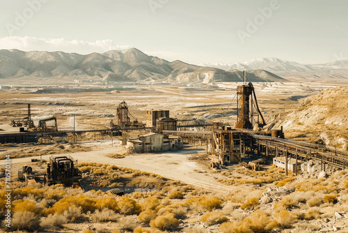 An old, rustic mining factory set against a desert landscape with mountains under a vast sky.