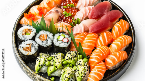 A sushi platter featuring sashimi, nigiri, and rolls adorned with vibrant roe, avocado, and sesame seeds. Rolls are covered in sesame seeds or wrapped in seaweed, some filled with avocado. 