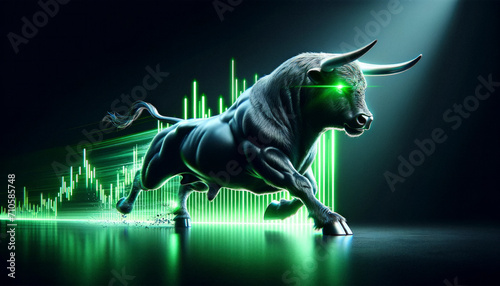 black bull charging and taking the stock to new all time highs. Stock market rally. Green rising charts in the background