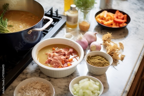 ingredients spread around a pot of mulligatawny soup on countertop