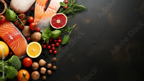 Product shopping concept mockup on a black background: salmon, basil, tomatoes, citrus fruits, broccoli. Photo mockup, top view. Horizontal banking for web. Photo AI Generated