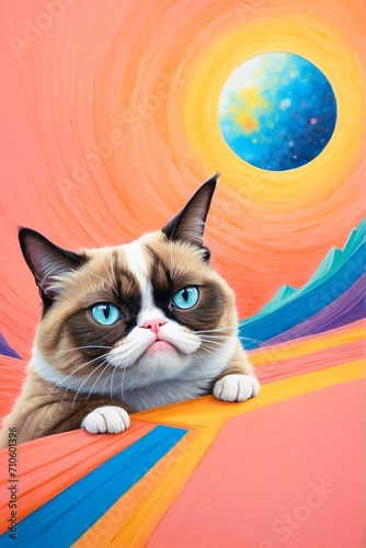 A grumpy cat on acid, disoriented, appears in an abstract psychedelic world. Beautiful pastel illustration of a kitten on LSD. Acid trip. Digitial illustration, generative ai wallpaper