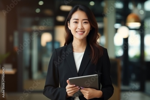 Happy young Asian saleswoman looking at camera welcoming client. Smiling woman executive manager, secretary offering professional business services holding digital tablet 