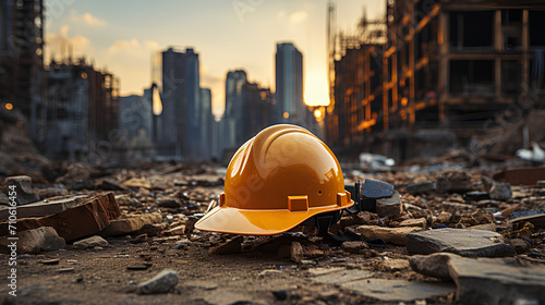 A yellow work helmet with construction tools on the background of a construction object. Profession builder.