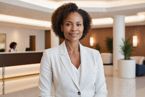 female middle age black hotel receptionist or manager standing in lobby with reception. welcoming guests, offering services or checkin. tourism and travel concept.