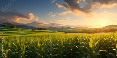 Photo on stretching corn field of meadows, trees, mountains, sunset or sunrise. Corn as a dish of thanksgiving for the harvest.