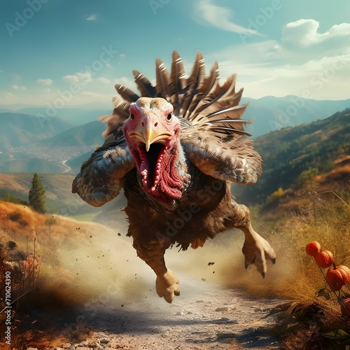A big, frightened 3D turkey in flight in a clearing. Close-up view. Turkey as the main dish of thanksgiving for the harvest.