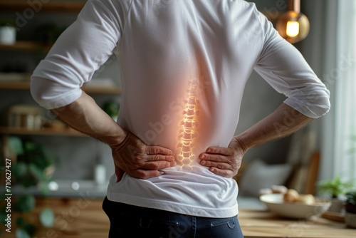 A man is shown holding his back in pain. This image can be used to illustrate concepts related to back pain, injury, healthcare, or physical discomfort
