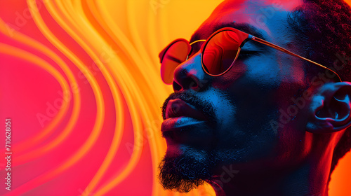 Abstract poster featuring an African American man in sunglasses on a futuristic background, celebrating Black History Month.