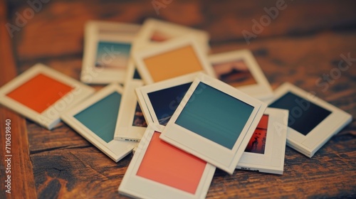 A pile of polaroids sitting on top of a wooden table. Perfect for nostalgic memories and capturing special moments