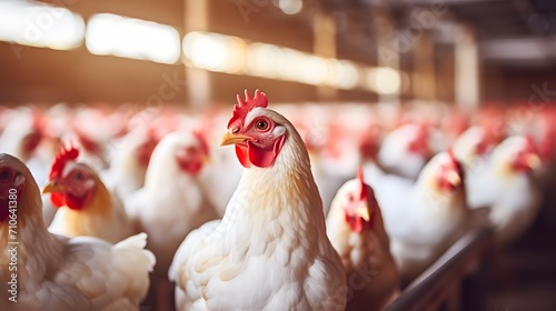 Chicken farm. Egg-laying chicken in battery cages. Commercial hens poultry farming. Layer hens livestock farm. Intensive poultry farming in close systems. Egg production. Chicken feed for laying hens.