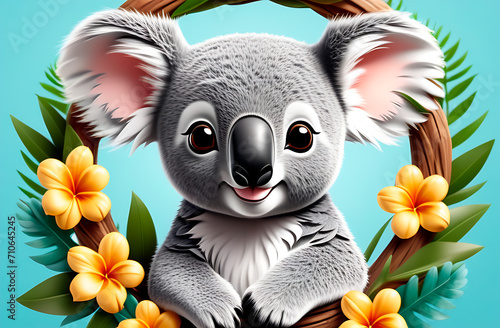 Cute cartoon koala character in a Hawaiian Lei flower wreath on a light blue background