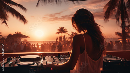Beautiful female dj at beach party during sunset. Carefree life