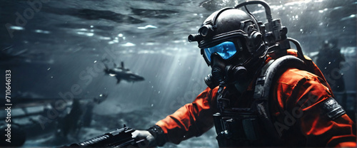 cyborg soldier fighting in underwater in ocean zone using weapon underwater conquer the seas with battleships, warships, and frigates in an epic battle of the oceans