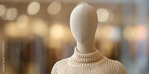 Beige Fashion Mannequin in Boutique Display on minimal simple background with copy space, banner template. Elegant headless mannequin, showcased in a boutique setting.