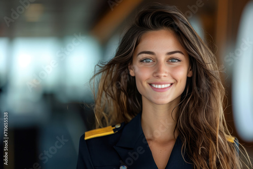 Brunette woman wearing cruise ship staff uniform, boat service crew
