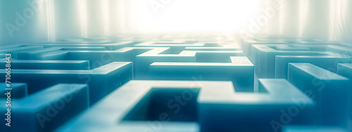 Blue maze with a soft focus and bright light suggesting solution and success