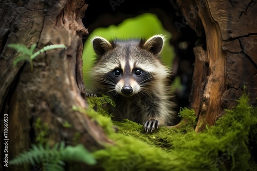 A baby raccoon exploring a hollow log in a lush woodland.