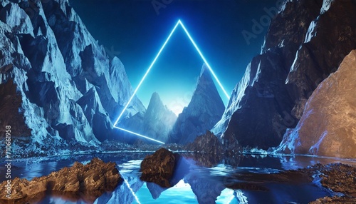3d render abstract virtual landscape with blue rocks and mountains surreal wallpaper fantastic background with triangular portal illustration
