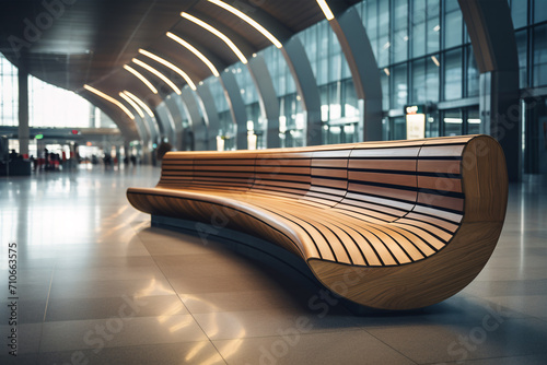 A curved wooden bench, modern in design, situated close to the airport.