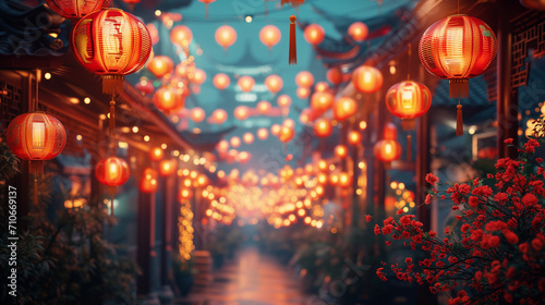 Chinatown lantern hanging at small street, 3d rendering illustration background for happy chinese new year 2024 the dragon zodiac sign with red and gold color, flower, lantern, and asian elements.