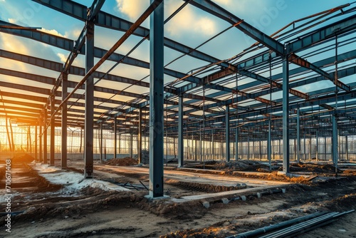 Construction site of a steel structure building at sunset