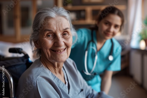 Smiling senior woman in wheelchair pushed by caregiver at nursing home