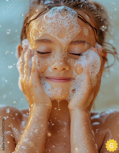 Niña frotándose la cara con jabón, realizando una limpieza facial, disfrutando del suave aroma de la fragancia floral. productos infantiles de cuidado diario, hipo alergénicos, ph neutro, especiales