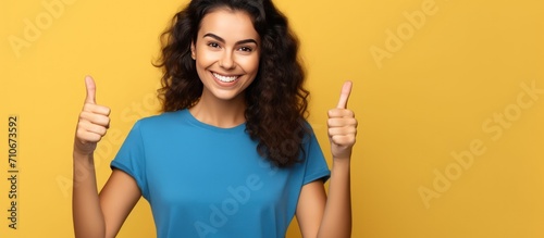 Portrait cheerful young woman model posing on vibrant color background. Generate AI image