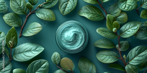 Top view natural skin care cream jar amongst green leaves