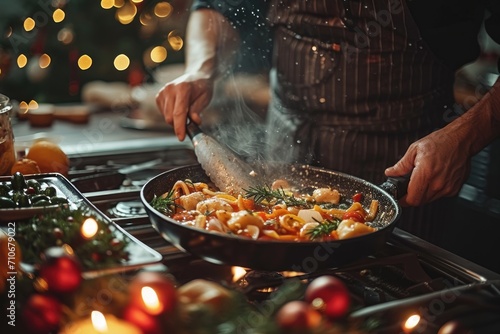 chef preparing food. "Culinary Creation: Home Chef in a Gourmet Kitchen"