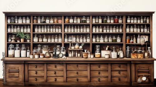 Vintage Apothecary Cabinet with Medicinal Bottles