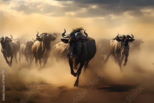 A majestic herd of wildebeests migrating across the vast Serengeti plains, kicking up dust clouds.