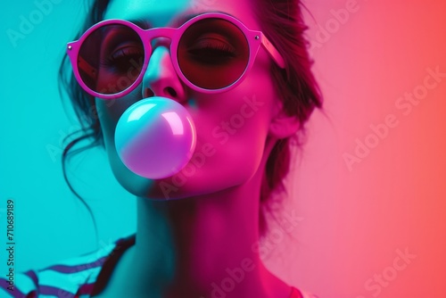 a pulp portrait of a young girl blowing a bubble gum , posing on camera, nostalgic retro 80s mood