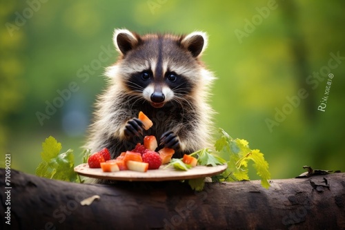 Funny raccoon eating strawberry, berry in plate, plate on table, cute fluffy animal looking at camera, paws holding strawberries