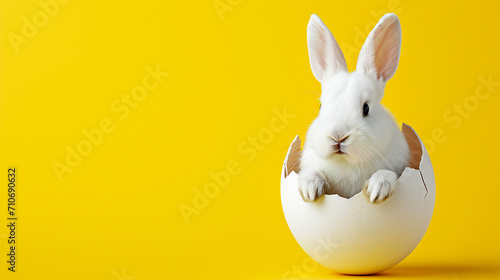 white bunny sitting inside egg shell. Banner easter day