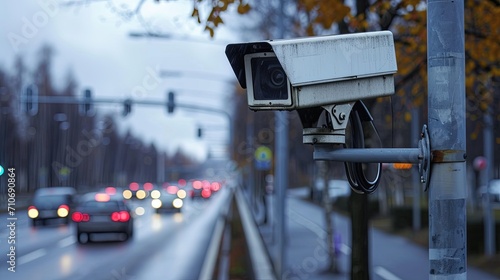 Security video camera on the road fines for speeding fast cars 