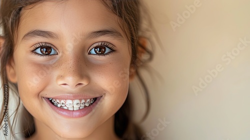 Indian young girl 8 years old in braces smiles happily. Taking care of dental health, oral hygiene 